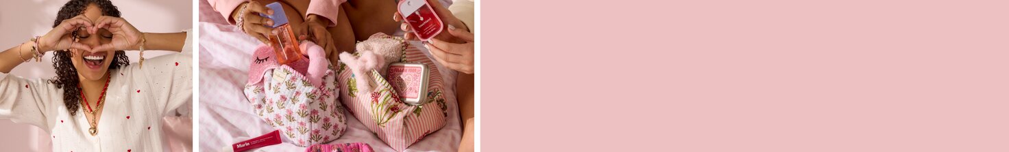 Image of a model wearing a heart sweater and and image of girls filling quilted bags with body spray, touchland and other spa essentials