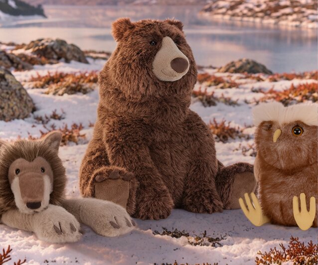 Three plush woodland Jellycats—a wolf, brown bear, and owl—sit together in a snowy tundra landscape with mountains in the background.