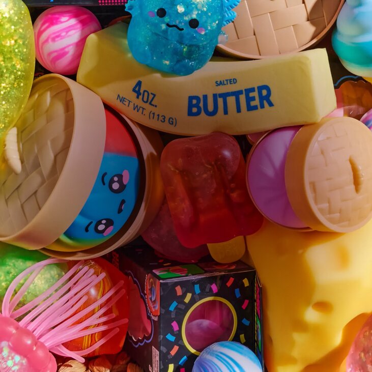Image of a basket of various squishy toys, featuring NeeDoh, Dumplings, Butter and more