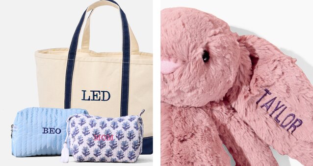 image of embroidered canvas tote, Strawflower cosmetic bags, and pink jellycat bunny 