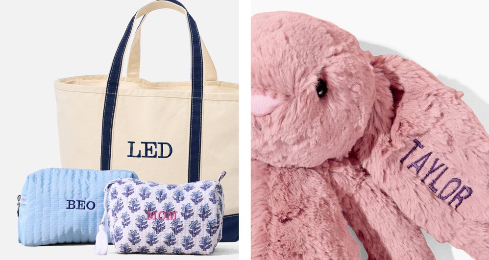 image of embroidered canvas tote, Strawflower cosmetic bags, and pink jellycat bunny 