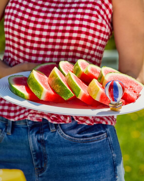 Person in a red gingham top holding a platter of sliced watermelon at an outdoor summer picnic with patriotic Nora Fleming mini ornament