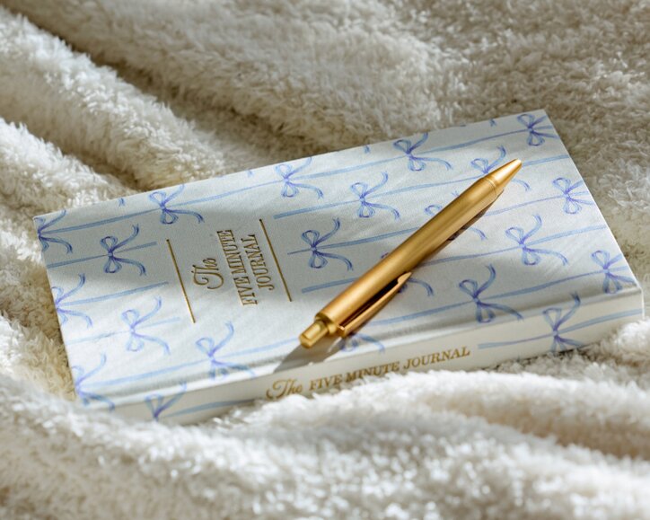 Image of a journal and a pen on a plush blanket