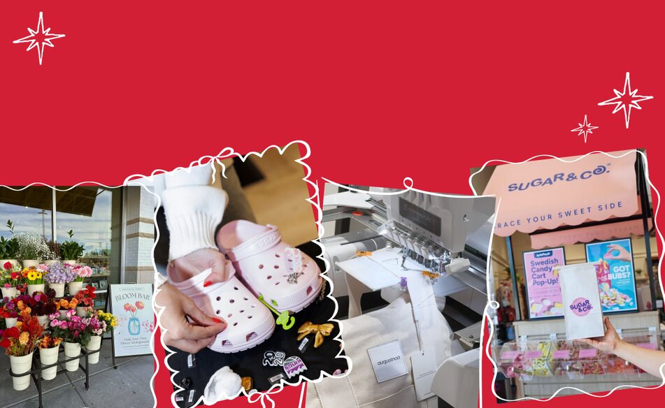 In-store images showcasing bouquets of flowers, someone decorating crocs, an embroidery machine, and a candy station