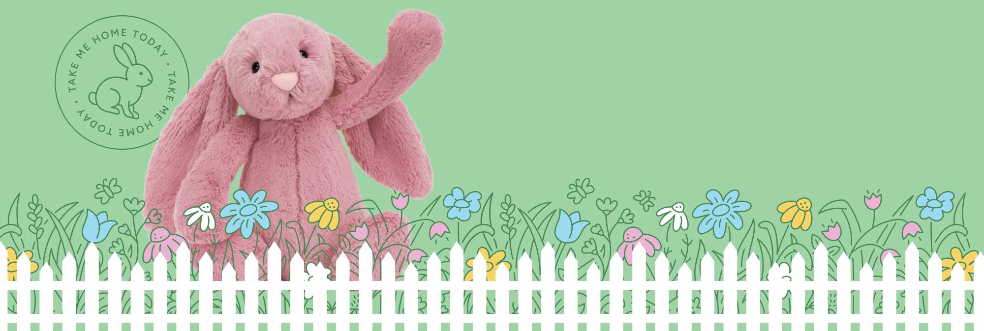 Image of a pink Jellycat bunny sitting behind an illustrated garden of flowers and white picket fence on a light green background