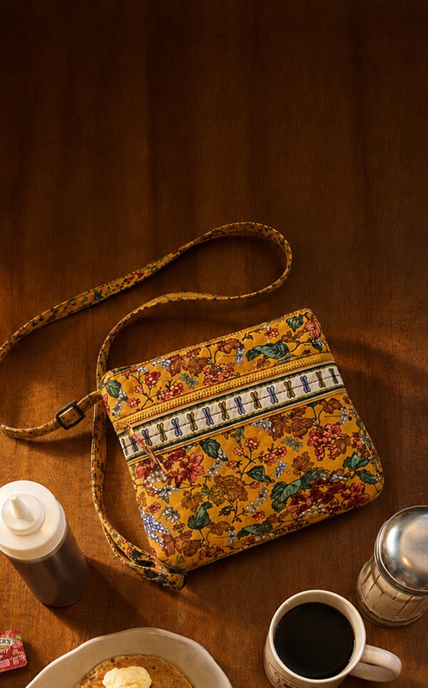 Floral Vera Bradley Gilmore Girls bag beside a cup of coffee and pancakes on a wooden table.