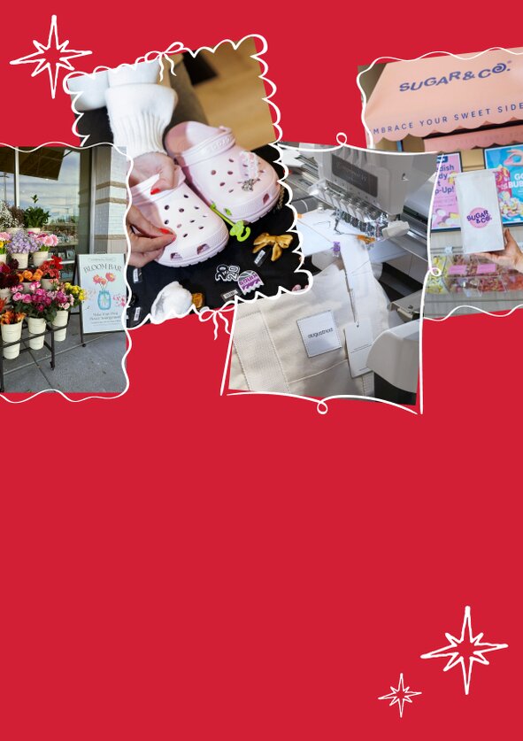 In-store images showcasing bouquets of flowers, someone decorating crocs, an embroidery machine, and a candy station