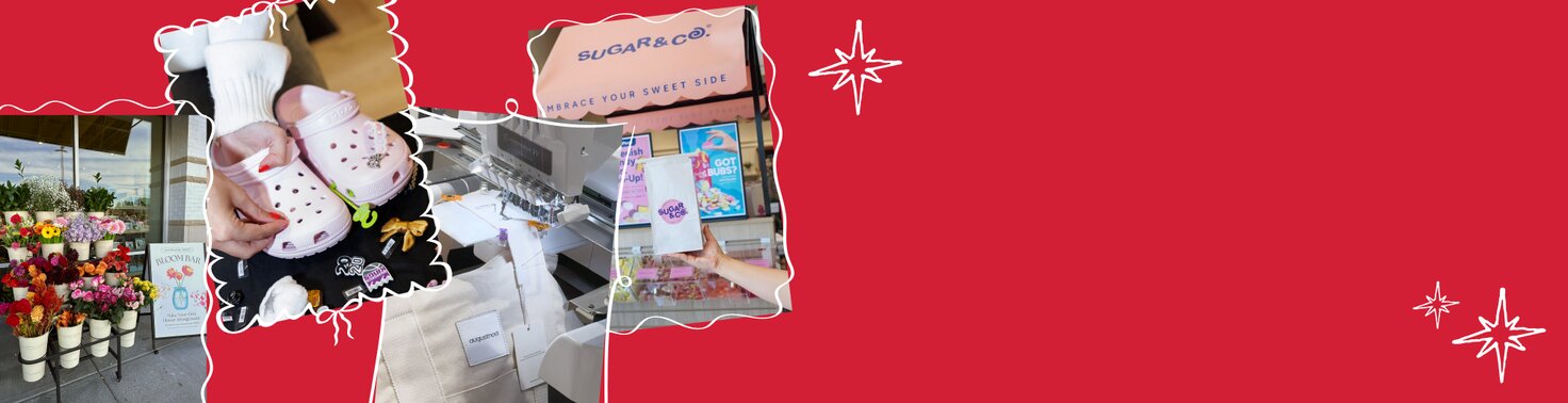 In-store images showcasing bouquets of flowers, someone decorating crocs, an embroidery machine, and a candy station