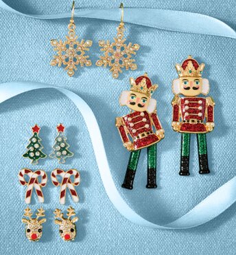 Image of christmas earrings with nutcrackers, snowflakes, trees and reindeer