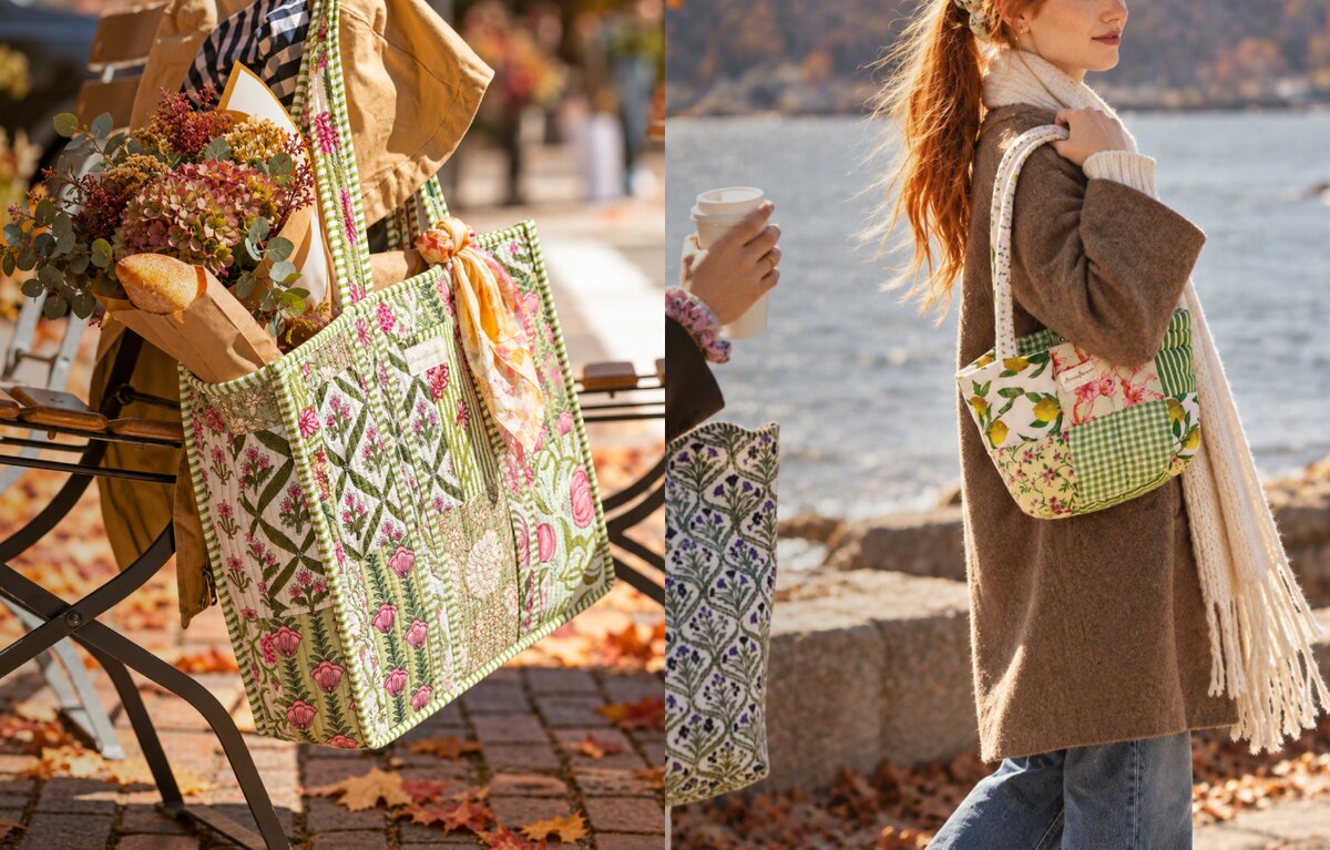Two floral patchwork quilted tote bags styled for fall, one filled with flowers and a baguette on a park bench, and the other carried by a woman in a cozy coat and scarf by the water.