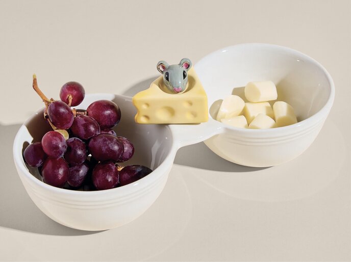 Image of Pinstripes Double Dipper Bowl with mini Cheese with Mouse Tail Ceramic Platter Ornament. Bowls are filled with grapes in one side and cheese cubes in the other.