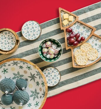 Image of Holiday patterned serving bowls, coasters and platters