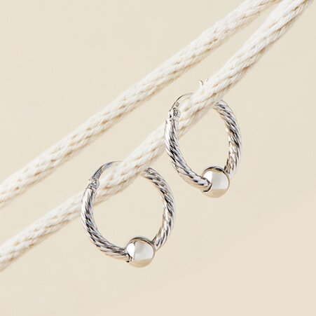 Cape Cod earrings category featuring silver hoop earrings with signature bead accents and nautical rope styling.