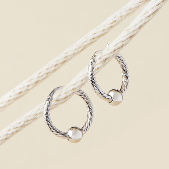 Cape Cod earrings category featuring silver hoop earrings with signature bead accents and nautical rope styling.