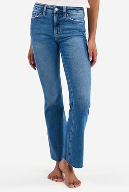 waist-down image of model wearing high rise, dark wash jeans