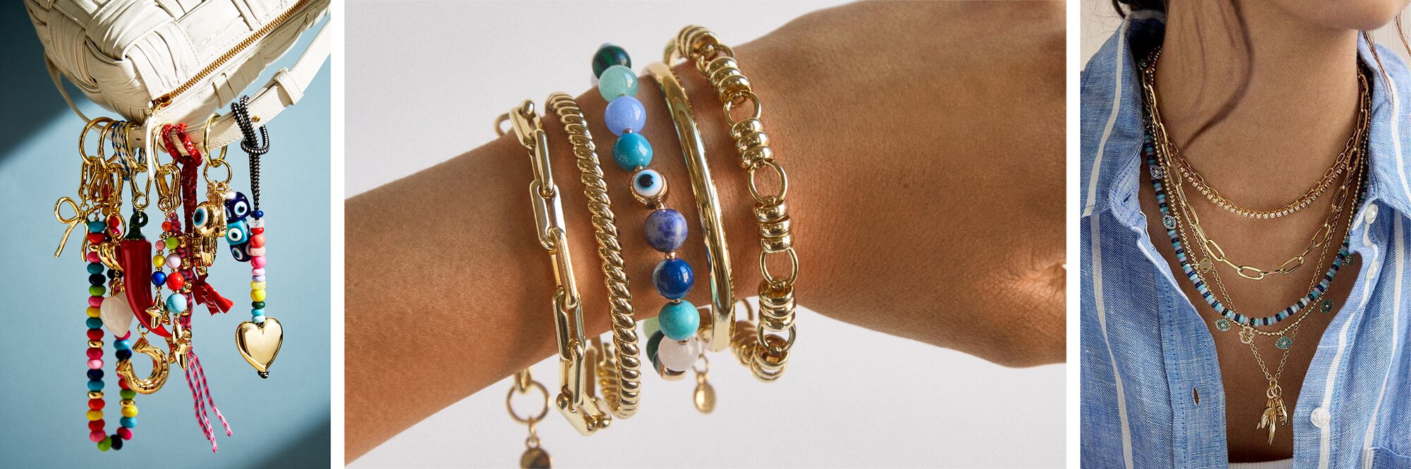 Image collage of BaubleBar bag charms, bracelets and necklaces