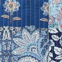Close-up of a quilted patchwork fabric in shades of blue and white, featuring horizontal bands of different patterns. Designs include hand-drawn florals, leafy motifs, and abstract stripes, with visible vertical stitching that adds texture to the fabric.