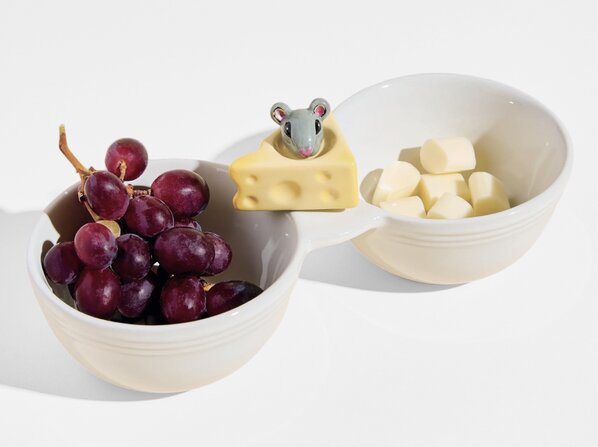 Image of Pinstripes Double Dipper Bowl with mini Cheese with Mouse Tail Ceramic Platter Ornament. Bowls are filled with grapes in one side and cheese cubes in the other.