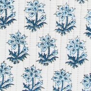 Close-up of a vertically quilted white fabric, featuring a repeating pattern of stylized blue flowers with darker blue detailing.