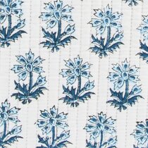 Close-up of a vertically quilted white fabric, featuring a repeating pattern of stylized blue flowers with darker blue detailing.