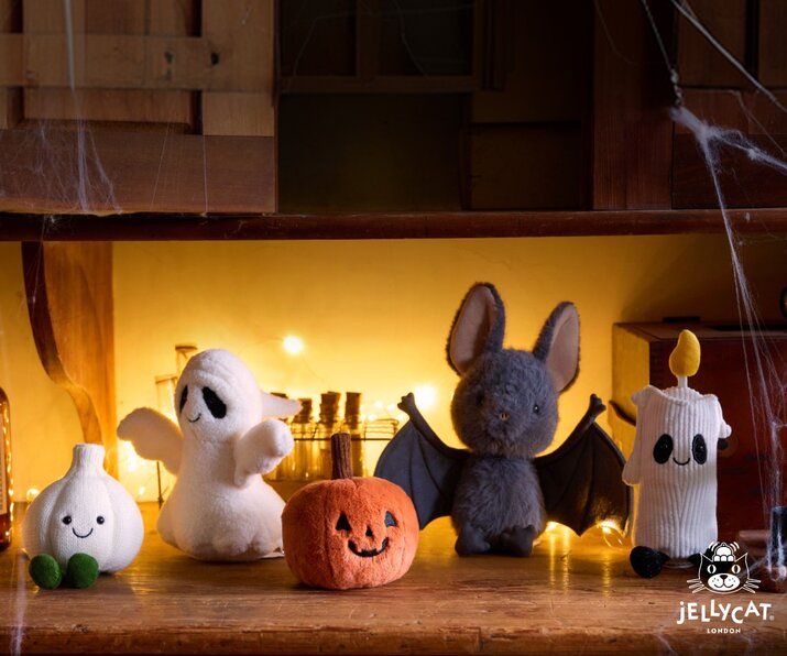 New Halloween Jellycats featuring Garlic, Ghost, Jack O Lantern, Bat, and Candle