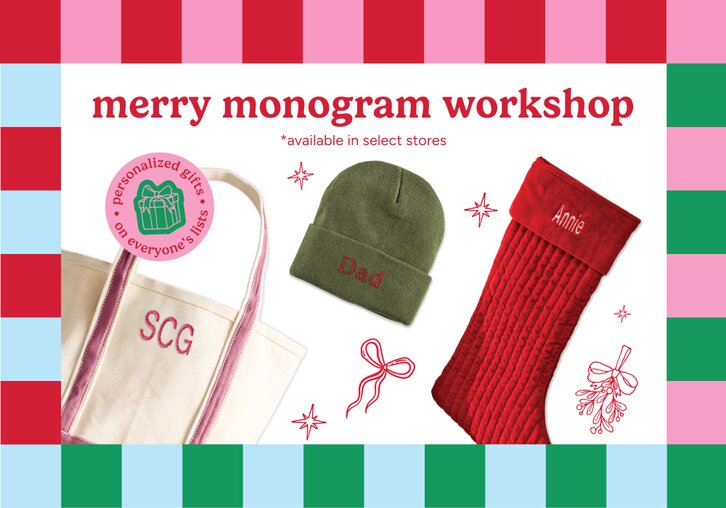 A canvas tote, a green beanie, and a red Christmas stocking all monogrammed with initials or names