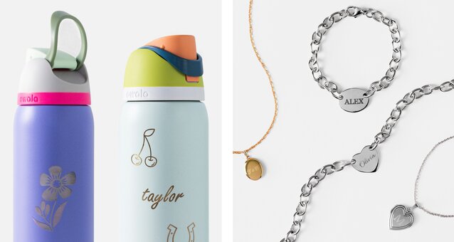 image of engraved owala water bottles, necklaces and bracelets
