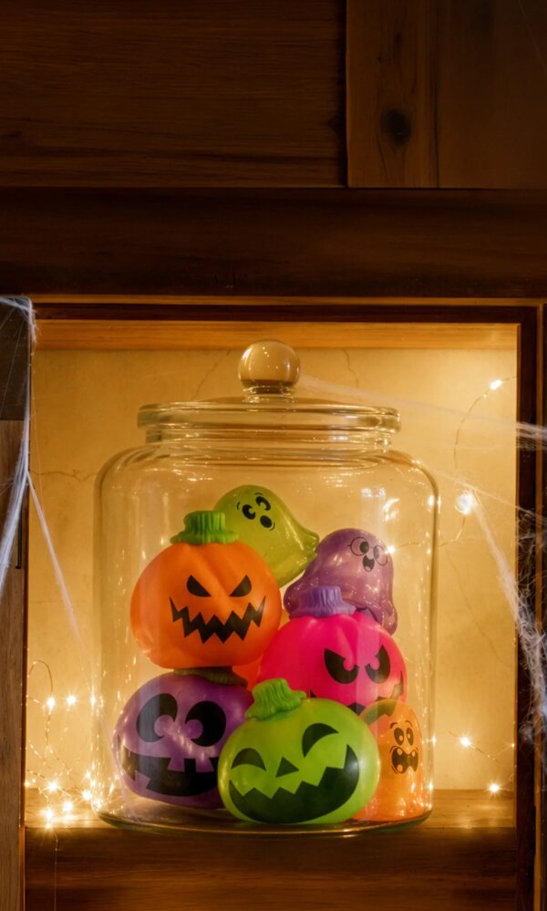 Halloween NeeDoh squishies displayed in a glowing glass jar surrounded by spiderwebs.