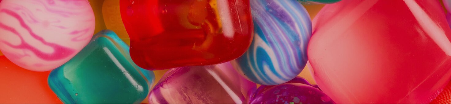 Close up of various squishy toys