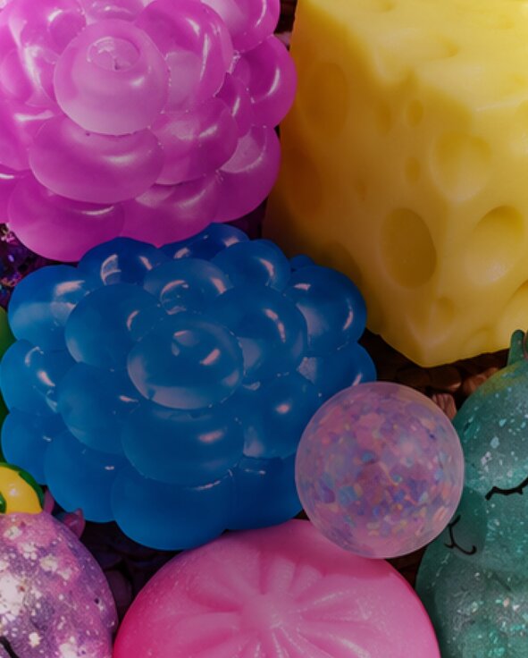 Close up of various squishy toys