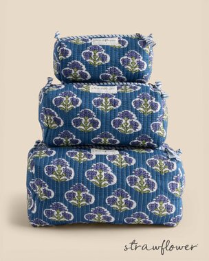 Three quilted blue floral cosmetic bags stacked from largest to smallest against a neutral background.