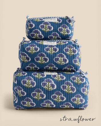 Three quilted blue floral cosmetic bags stacked from largest to smallest against a neutral background.