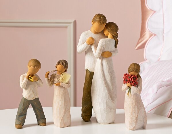 Image of various Willow Tree figurines including the Heart of Gold Figurine, Love You Figurine, Promise Figurine, and Surrounded by Love Figurine.