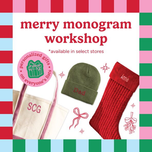 A canvas tote, a green beanie, and a red Christmas stocking all monogrammed with initials or names