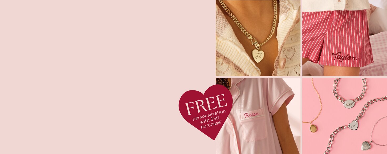 image collage of engraved jewelry and embroidered pajamas. callout for FREE embroidery with $50 purchase*
