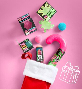 Stocking stuffer gift ideas coming out of a red and white Christmas stocking