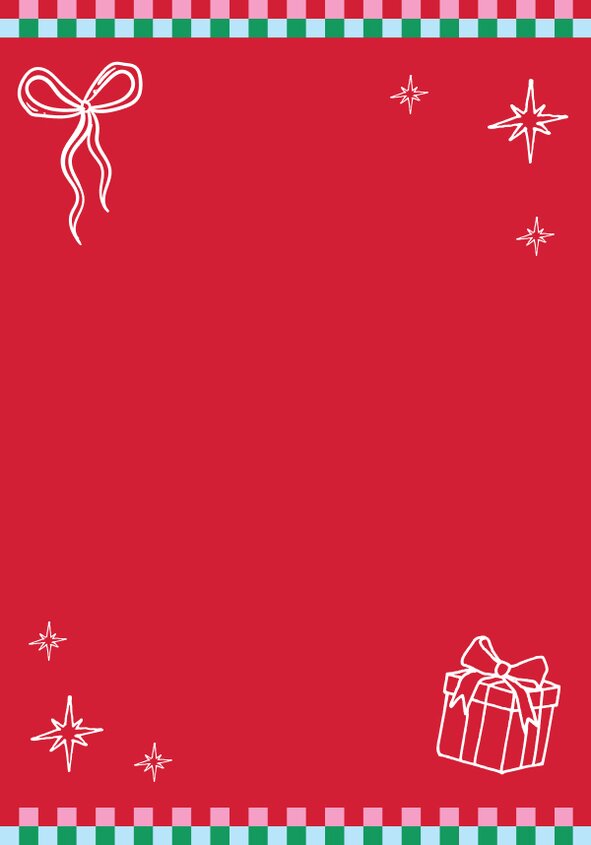 Bright red holiday backdrop with doodle stars, ribbon and present