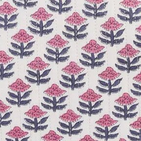 Close up of repeating hand-block–style floral pattern with pink blossoms and indigo leaves on a cream background, finished with subtle vertical quilting stitches.