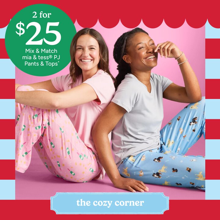 2 for $25: Mix and Match mia & tess PJ Pants & Tops - Image of a two girls wearing pink and blue patterned pajamas