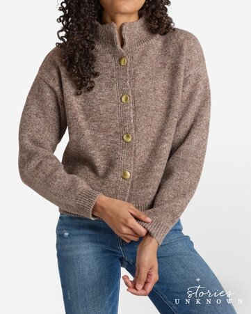 Woman wearing a Stories Unknown mocha button-down high neck cardigan
