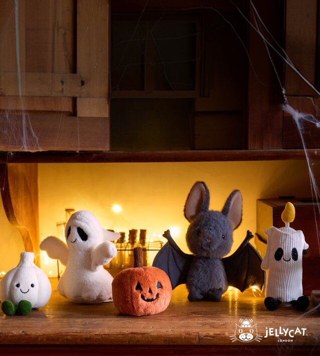 New Halloween Jellycats featuring Garlic, Ghost, Jack O Lantern, Bat, and Candle