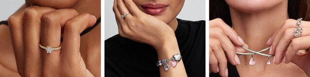3 Pandora Images - one close up of a hand with a flower ring, one of a model wearing a charm bracelet, and one of a model wearing a necklace with pink heart charms