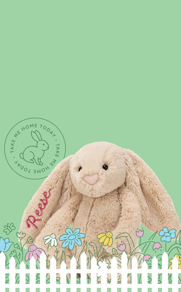 Image of a pink Jellycat bunny sitting behind an illustrated garden of flowers and white picket fence on a light green background