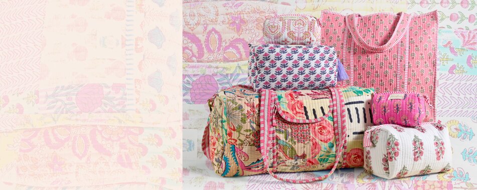 Image of patchwork strawflower tote, cosmetic bags, and duffel bags.
