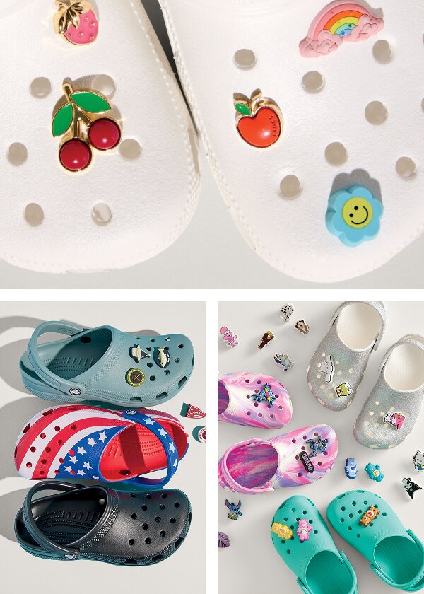 A three-panel image showcasing Crocs and decorative charms. On the left, three pairs of Crocs are stacked: a teal pair with small charms, a red-white-and-blue patriotic pair, and a black pair. In the center, a close-up of white Crocs highlights colorful charms including cherries, a peach, a rainbow, and a smiling flower. On the right, several Crocs in different styles—glittery silver flats, pink patterned clogs, and teal clogs—are arranged alongside an assortment of playful character charms scattered around them.