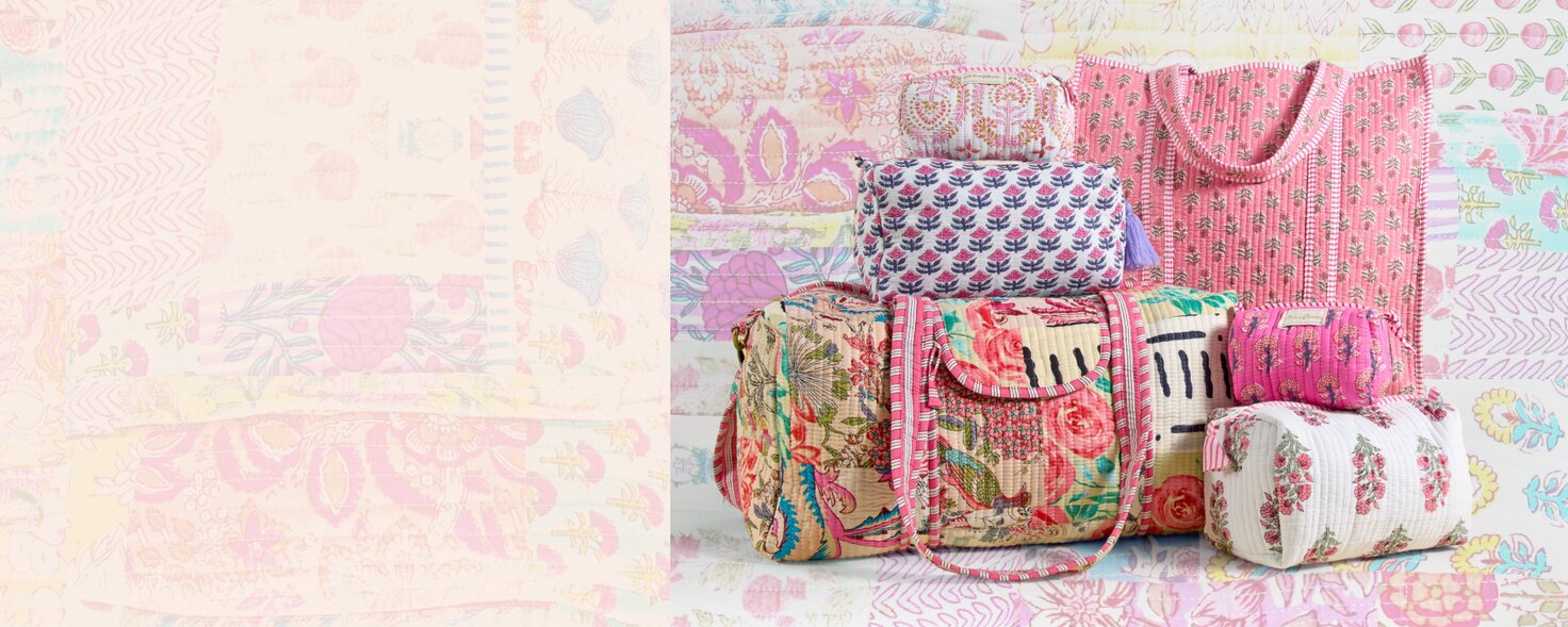 Image of patchwork strawflower tote, cosmetic bags, and duffel bags.