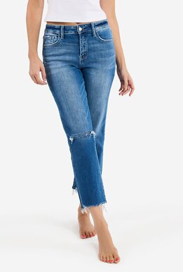 waist-down image of model wearing dark wash, cropped straight leg jeans with rip in the knee