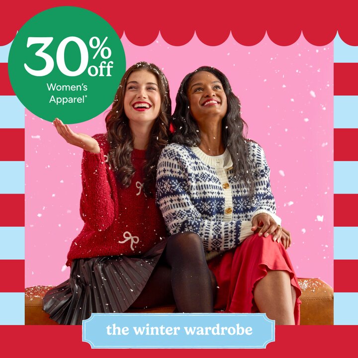 30% off Women's Apparel | Two models wearing festive sweaters in the snow on a pink background