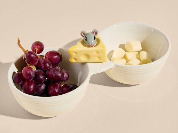 Image of Pinstripes Double Dipper Bowl with mini Cheese with Mouse Tail Ceramic Platter Ornament. Bowls are filled with grapes in one side and cheese cubes in the other.