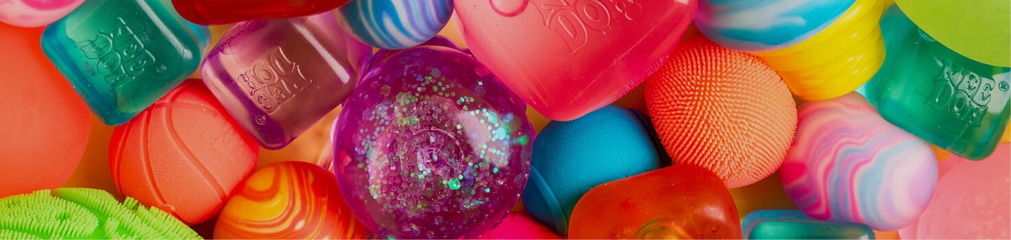 Close up of various squishy toys